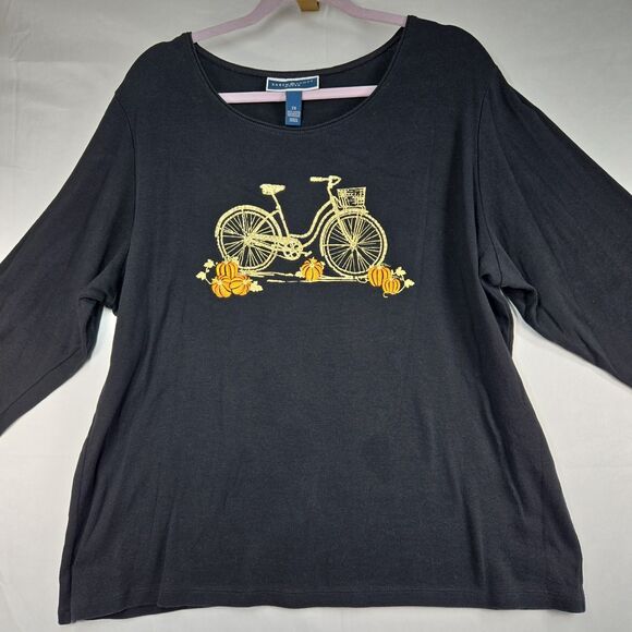 Karen Scott Plus 2X Shirt Autumn Harvest Bicycle Pumpkins Top Gold Bling Sparkle - Picture 11 of 12